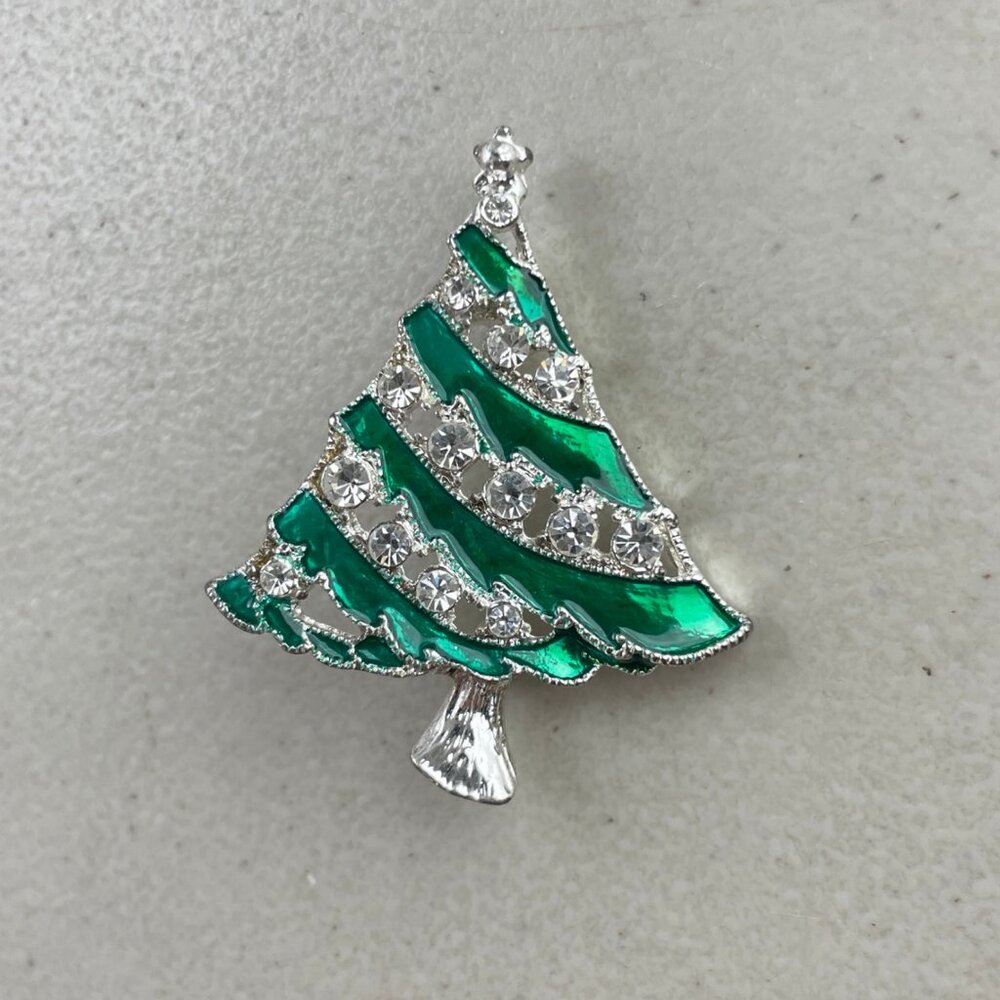 Vintage Christmas Tree Pin Green Silver Rhinestones Metallic Holiday Tree Brooch